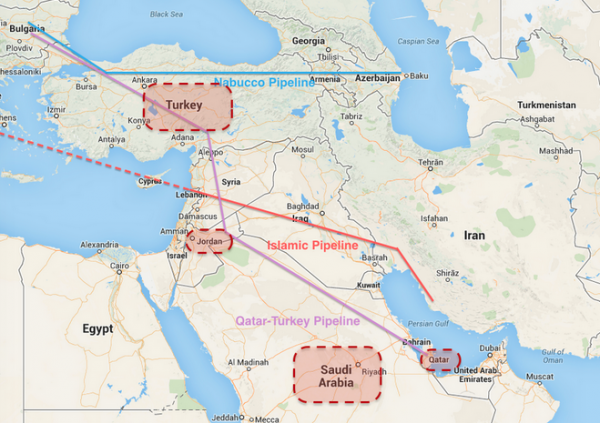 Note the purple line which traces the proposed Qatar-Turkey natural gas pipeline and note that all of the countries highlighted in red are part of a new coalition hastily put together after Turkey finally (in exchange for NATO?s acquiescence on Erdogan?s politically-motivated war with the PKK) agreed to allow the US to fly combat missions against ISIS targets from Incirlik. Now note which country along the purple line is not highlighted in red. That?s because Bashar al-Assad didn?t support the pipeline and now we?re seeing what happens when you?re a Mid-East strongman and you decide not to support something the US and Saudi Arabia want to get done.